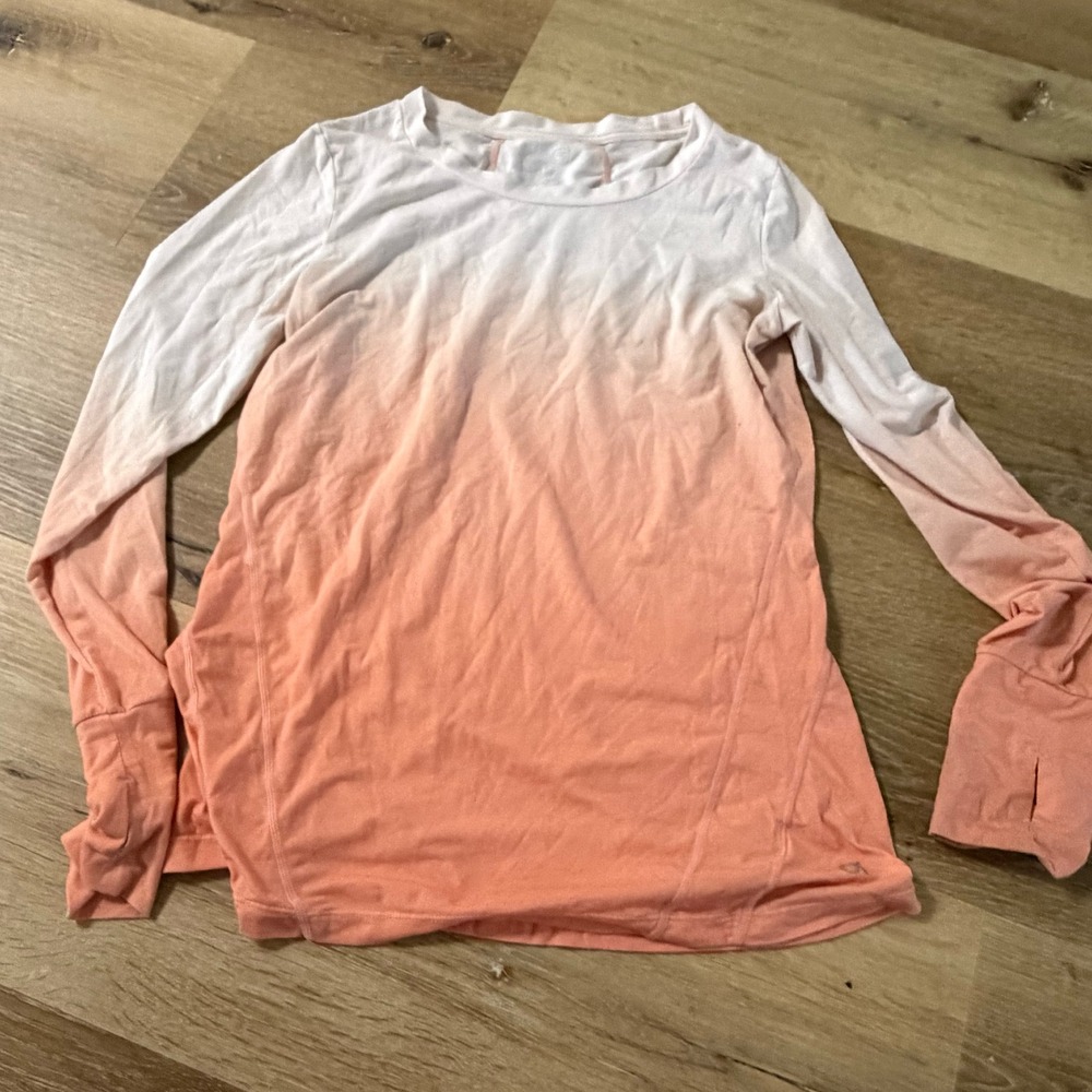 GapFit Breathe Womens Ombre Long Sleeve Activewear Top Coral White Thumbholes M